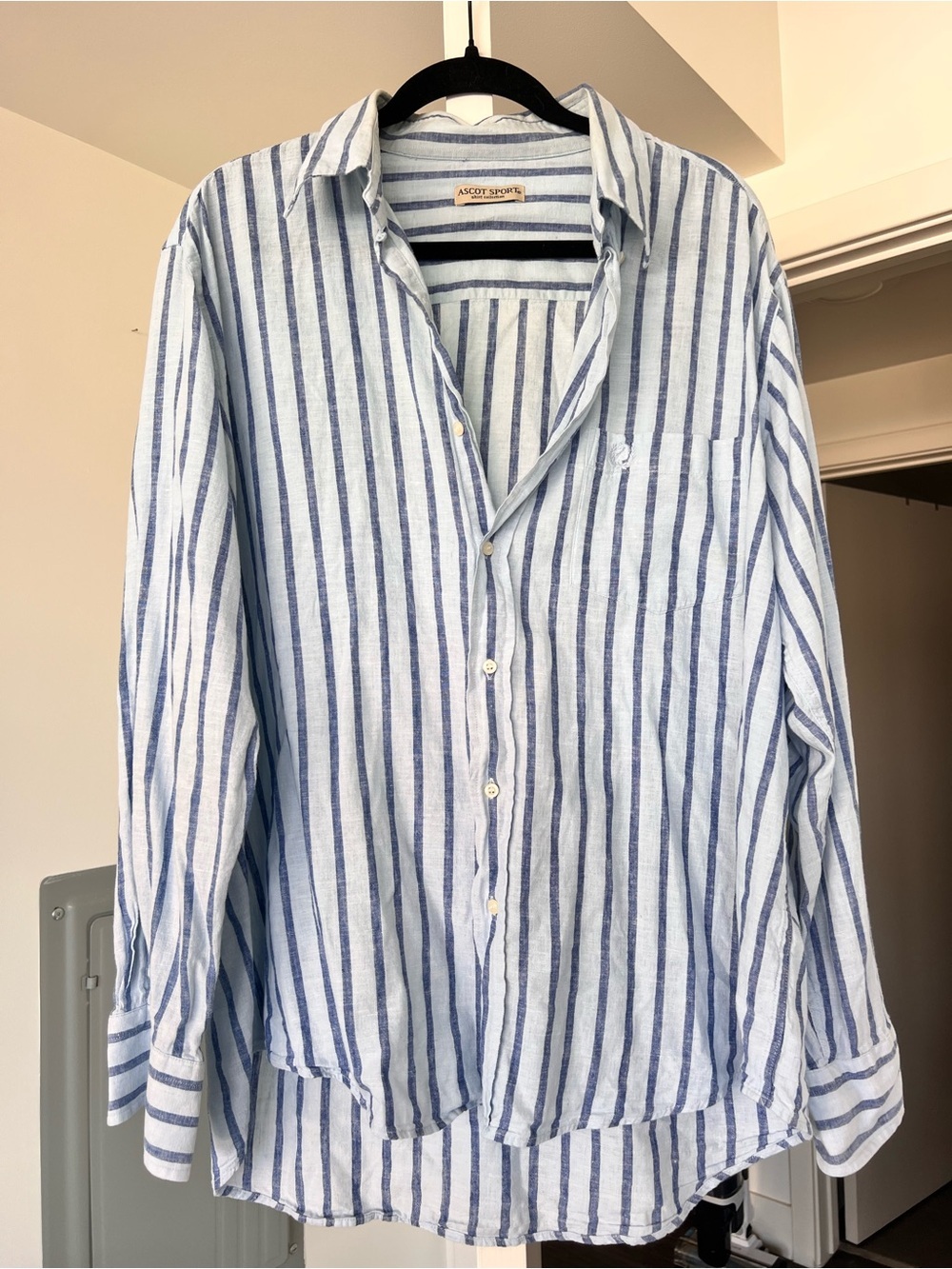 SOLD Ascot Sport Linen Cotton Blend Blue Striped Button Down Size XXL